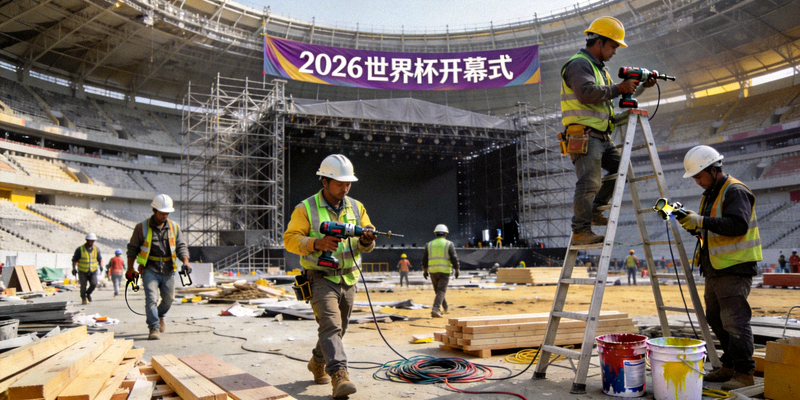 2026世界杯开幕式筹备现场照片 - 工人在体育场内施工